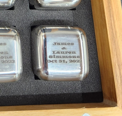 Custom Laser Engraved Stainless Steel Whiskey Stones in Bamboo Gift Set- Wedding or Anniversary Gift